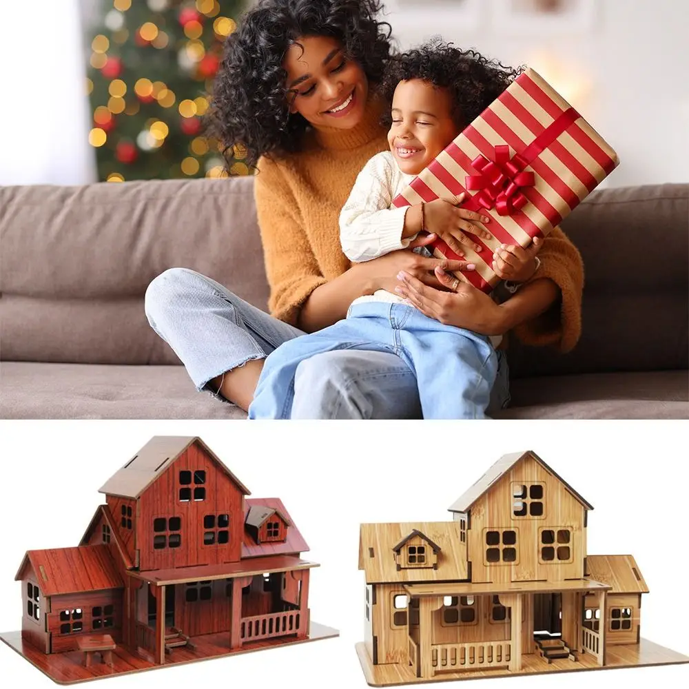 

Yellow Brown 3D Wooden Puzzle Wood Exercise Attention Cozy Cottage Model Handmade Kits Wooden House Jigsaw Puzzle 7-14 Years Old