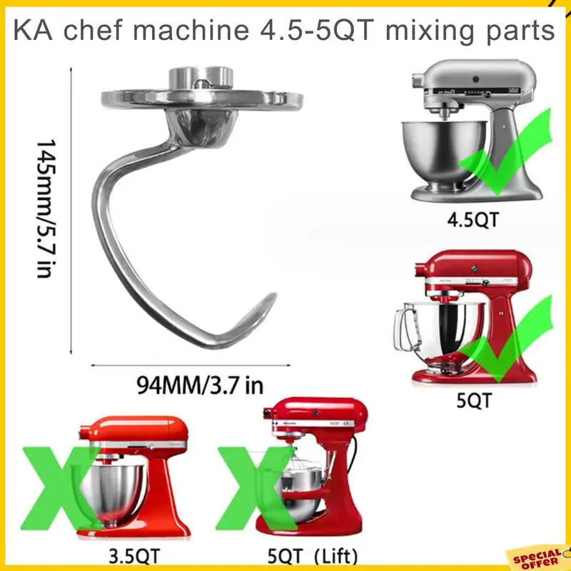 Accesorio de gancho para masa de acero inoxidable A24P 2X para batidora de pie con cabezal inclinable Kitchenaid de 4,5-5 cuartos, piezas de repuesto, ganchos para pan