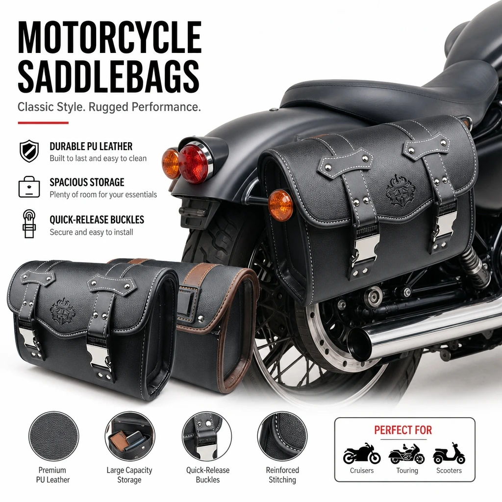 Universal Motorcycle Retro Saddlebag Waterproof PU Leather Side Tool Bag, Quick Release Buckle Luggage for Harley Cafe Racer Mod