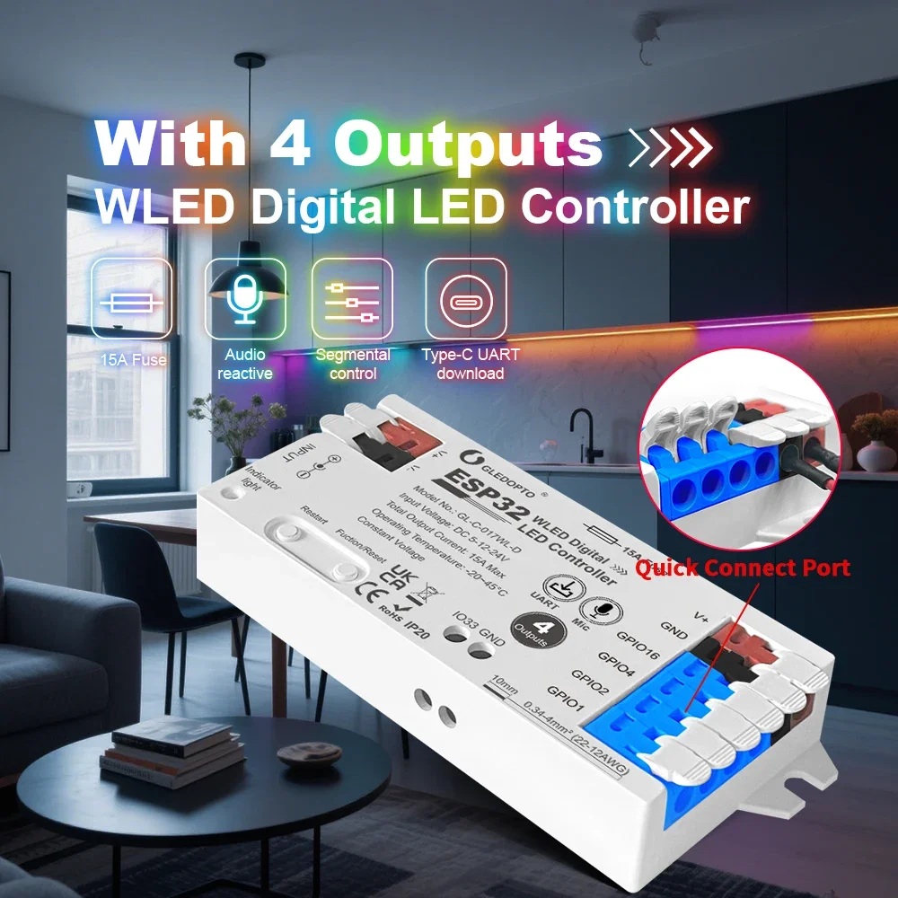 

GLEDOPTO Smart Home ESP32 Digital Strip WLED Controller 15A Fuse 5-24V UART Mic Type-C Multi-GPIO Flame-Retardant PC 4 Outputs