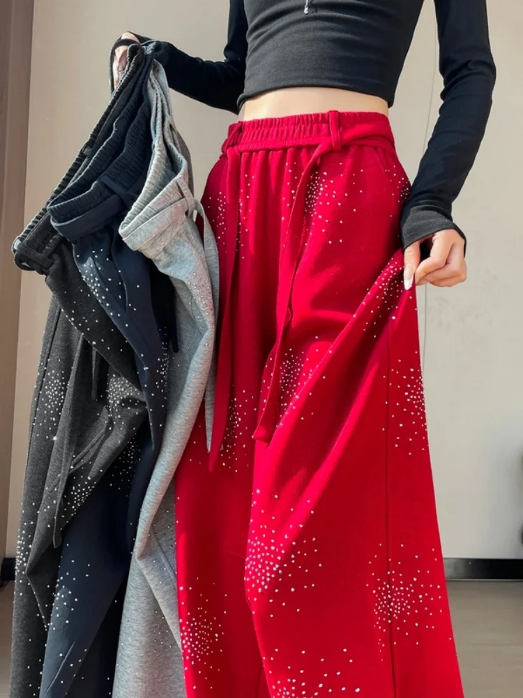 Red Sequin Casual Wide Leg Pants Women's High Waist Loose Slimming Drapey Banana Pants Commute Style Korean Version Pocket De...