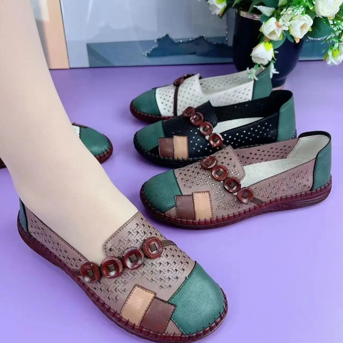 All-match Women Leather Flat Shoes Low-heel Comfortable Female Summer Autumn Loafers Soft Sole Breathable Mom Flats Ladies Shoes