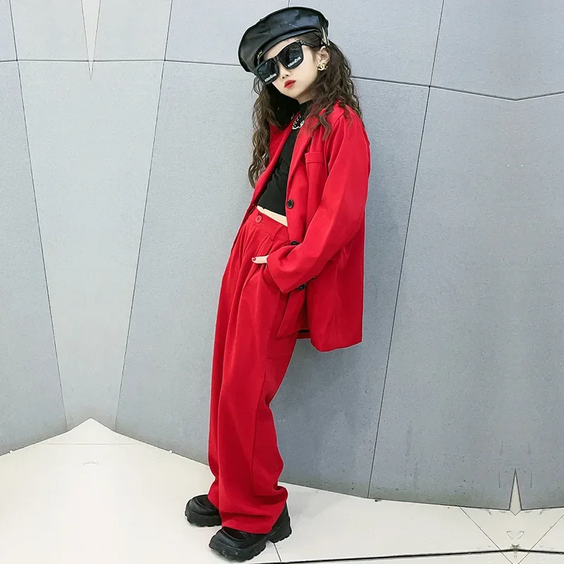 Suit for Girls Red Loose Casual Blazer Wide Leg Pant 2pcs Teenage Children Outfits 12 13 14 teens girls clothes set Kids Costume