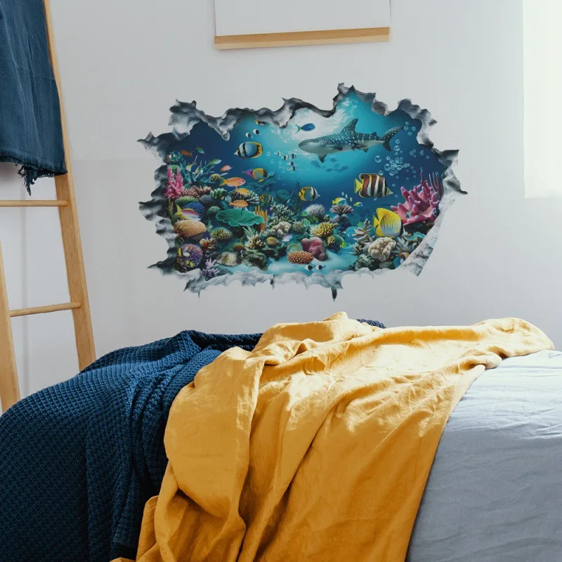 3D Shark Breaking Wall Decal Ocean Underwater World Mural Self-Adhesive Wall Sticker for Bedroom Living Room Home Decoration view 3