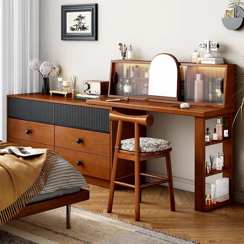 

solid wood makeup table, chest, dreser, integrated cabinet, small apartment, bedroom, corner stretch cainet at the end of the