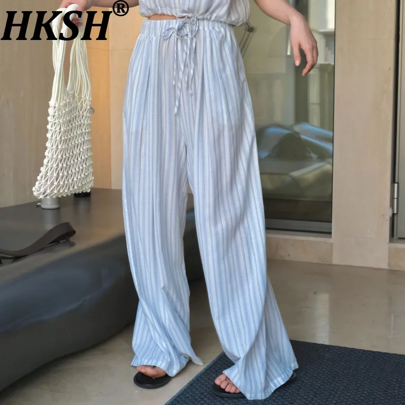HKSH 2026 Summer New Women Baggy Wide Leg Pants Striped Elastic Waisted Drawstring Korean Versatile Elegant Casual Trend HK17536