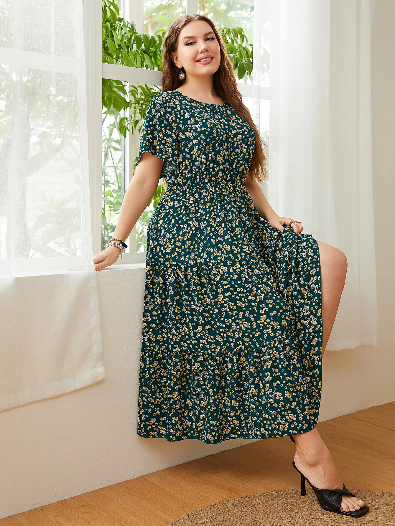 Trendy Big Size Women\'s Clothing Dress Summer O-Neck Floral Print Midi Dresses Party Elegant Casual Ladies Plus Size Long Dress