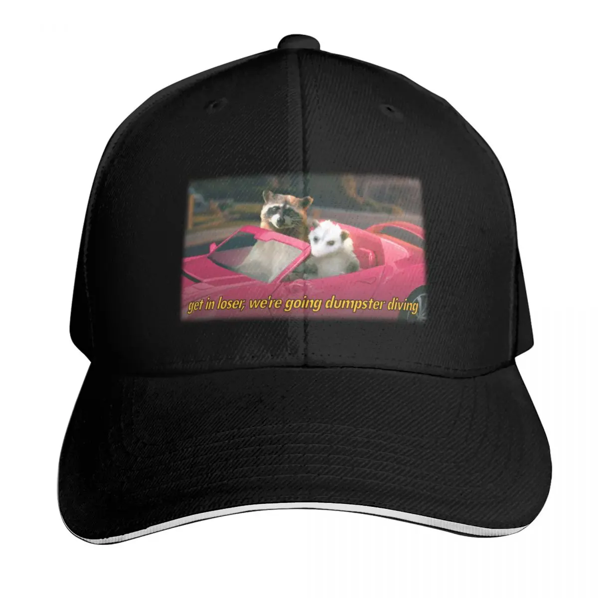 Get in loser, we're going dumpster diving raccoon possum word art - film quote version Baseball Cap