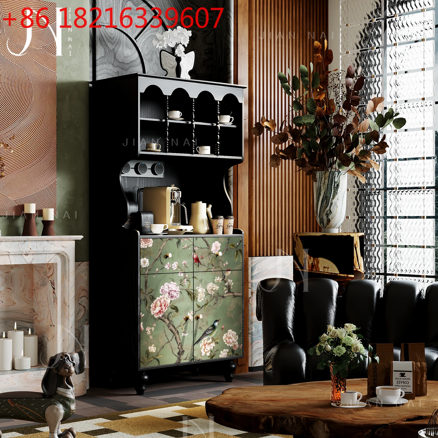 

Французский китайский стиль, обеденный винный шкаф из цельного дерева, кофемашина с цветами и птицами, гостиная, хранение, ресторан