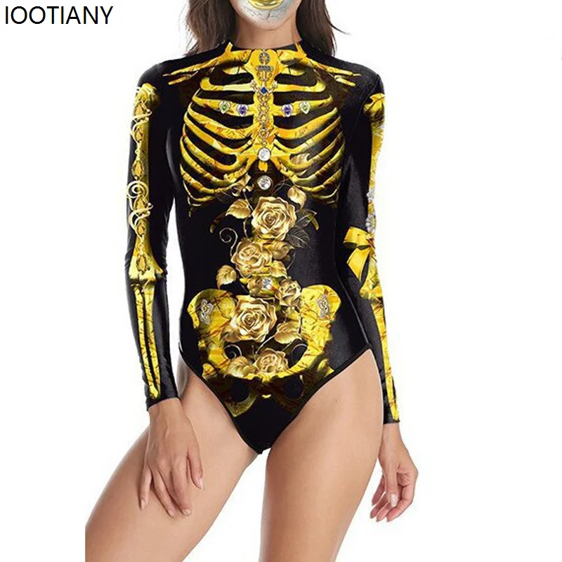 새로운 여성 섹시한 점프 슈트 할로윈 공포 해골 코스프레 수영복 펑크 3D 프린트 긴 소매 수영복 카니발 파티 해변 세트
