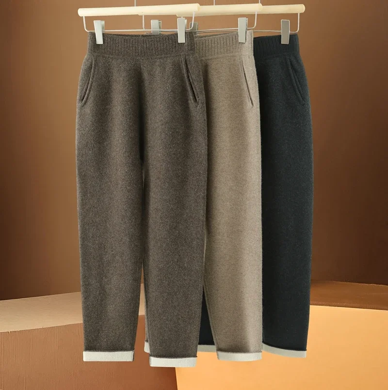 

High Waisted Cashmere Pants, 100% Pure Wool, Thickened Hem, Temperament, Small Leg Belt Pockets, Elastic Waist Wear, Autumn