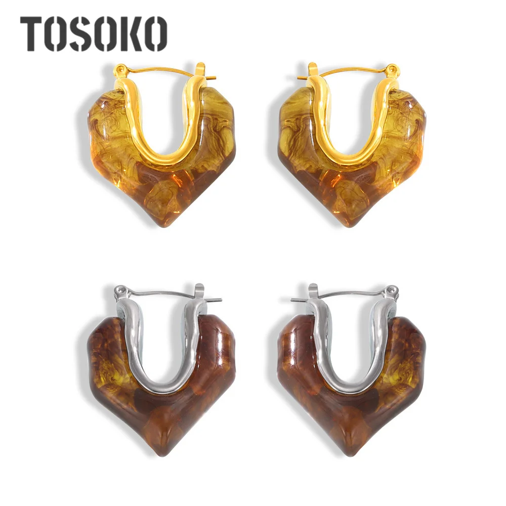 

TOSOKO New Retro Irregular Resin Earrings With A Stylish Design For Women's Fashion Titanium Steel Jewelry F1485