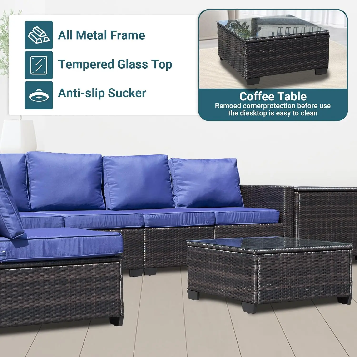 8 Pieces Wicker Patio Table And Chairs Set, Rattan Outdoor Conversation Sets With Hidden Storage & Glass Top Table, Sectional