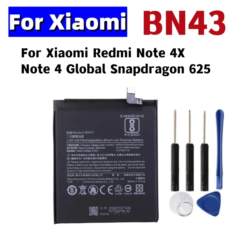 

BN43 Battery 4000mAh For Xiaomi Redmi Note 4X / Note 4 Global Snapdragon 625 High Quality BN43 Battery + Free Tools