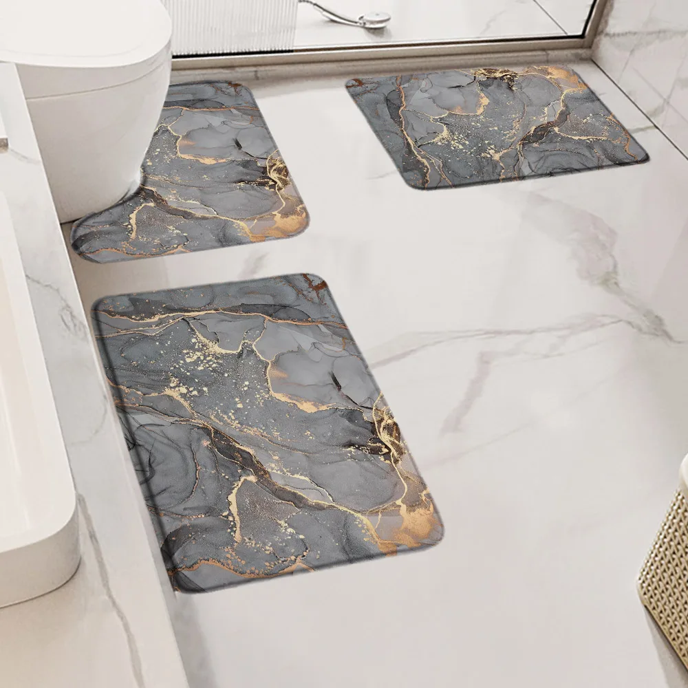 Abstract Grey Marble Bath Mat Set Gold Textured Pattern Modern Home Floor Carpet Bathroom Decorative Anti Slip Rugs U-Shape Mats