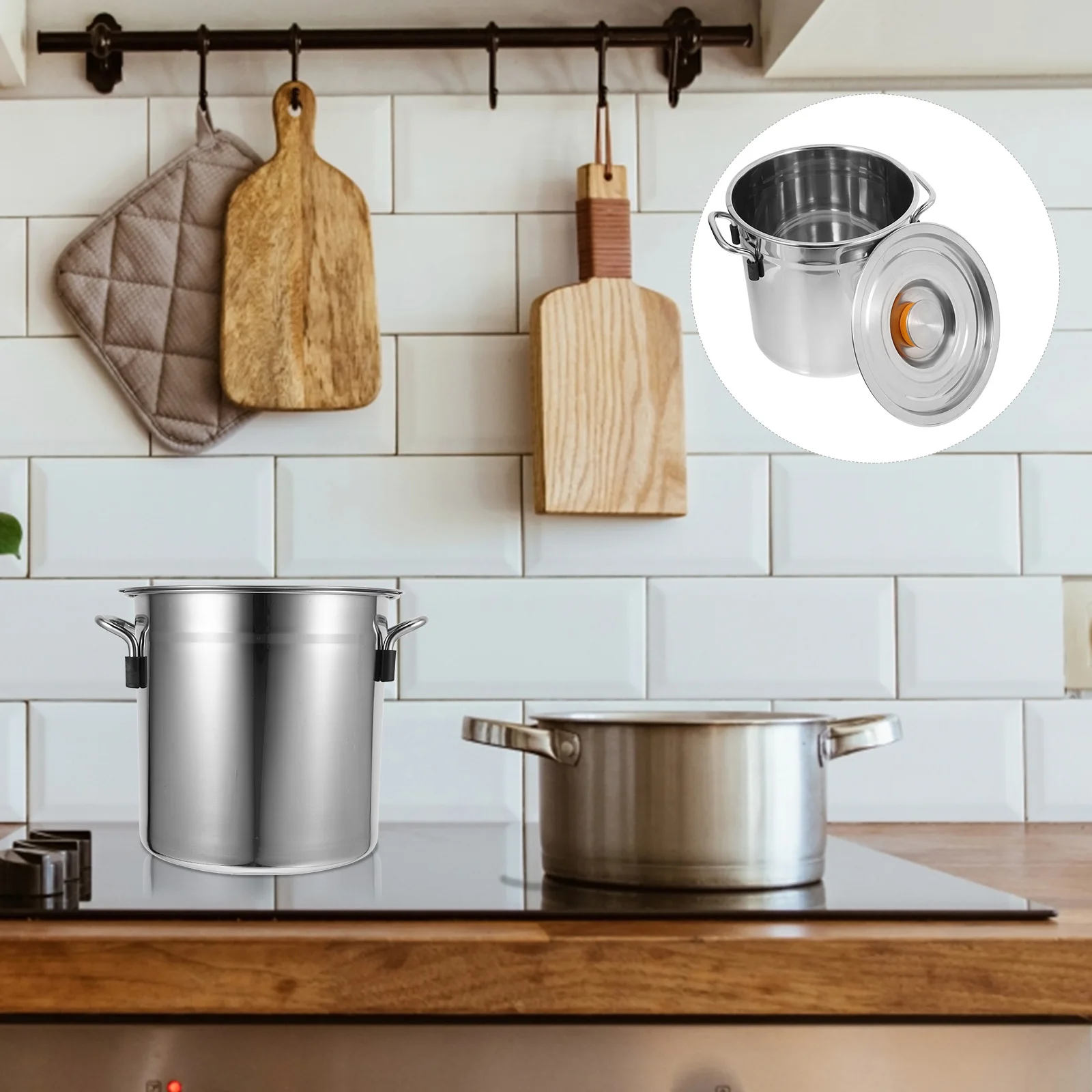 

Stainless Steel Stockpot Large Capacity Soup Bucket Lid Multi-Functional Cooking Pot Double Handle Stew Pot Even Heat