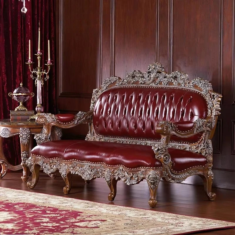 Deep Red Upholstery with Ornate Carved Wood Frame for Luxury Living Room Victorian Style Genuine Leather Sofa Set