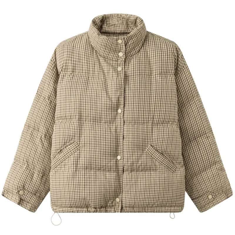 Korean Style Plaid Stand Collar Puffer Coat 2026 Winter Women Loose Elegant Warm Bubble Cotton Padded Outerwear Stylish Parkas