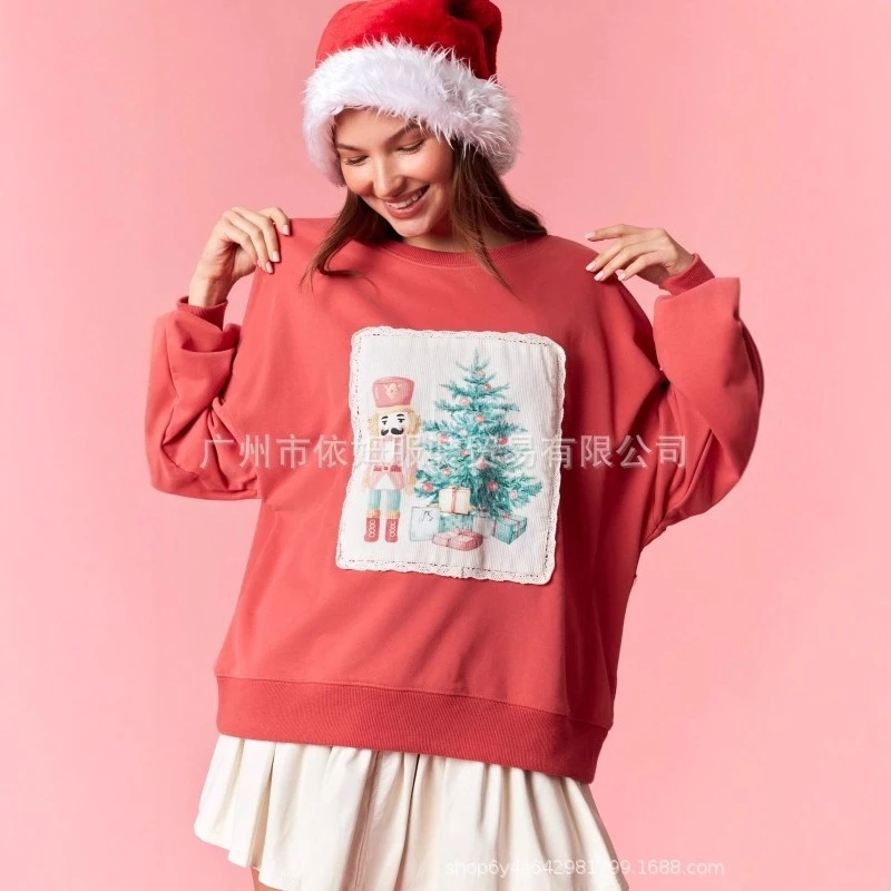 Haftowana bluza z długim rękawem, luźna, codzienna, zimowa, świąteczna bluza damska, ciepła, idealna na przyjęcie świąteczne, prezent.