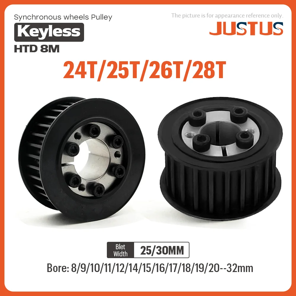 

HTD8M 24T/25T/26T/28T Timing Pulley With Keyless Bushing Bore 8/9/10/11/12-32mm Steel Synchronous Wheel For Width 25/30mm Belt