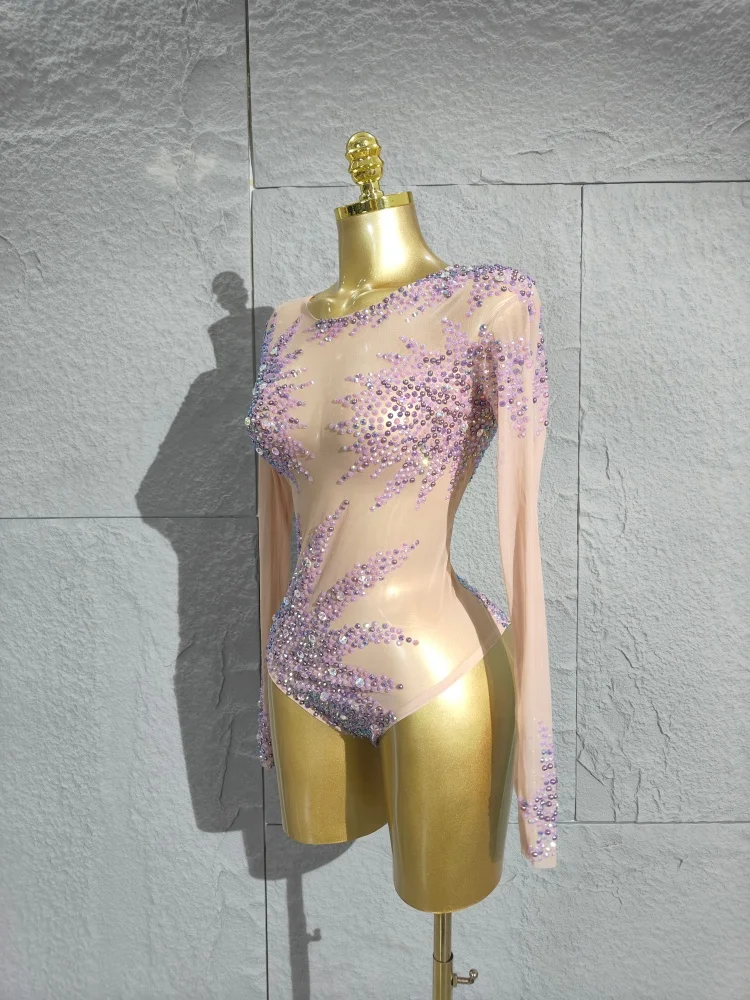 2025 Rhinestones Sexy Mesh Transparent Stretch Bodysuit Women Evening Birthday Party Bar Nightclub Stage Performance Costume