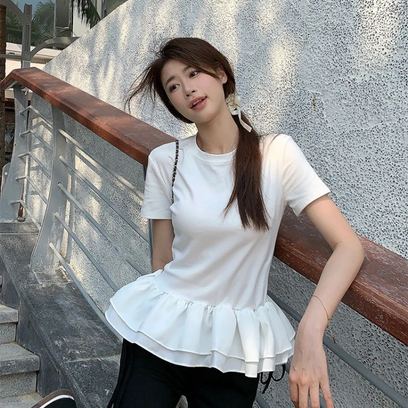 Women Patchwork Fringed Ruffles O-neck Cotton Tshirt Womans Summer Clothes Elegant Solid Shirt Women Slimming Short Sleeve Tee