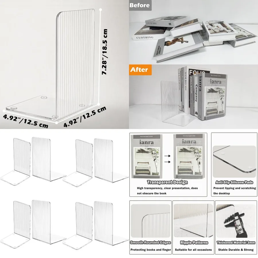 

Набор из прозрачных пластиковых подставок для книг из 8 штук для полок Декоративный дизайн полос с нескользящей основой для хранения сверхпрочных книг Безопасно идеально