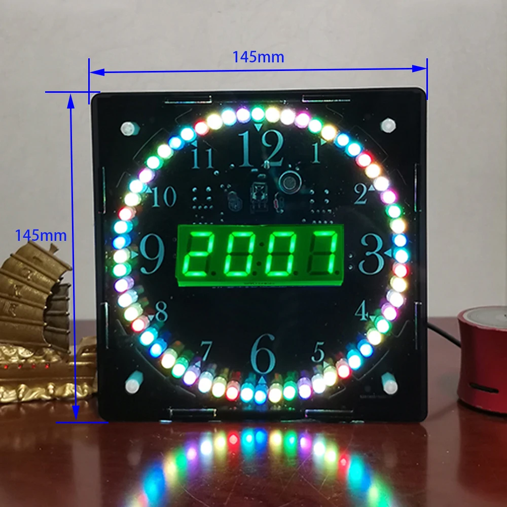 diy electronic clock kit RGB colorful LED green digital tube temperature remote control music spectrum 12/24H with shell