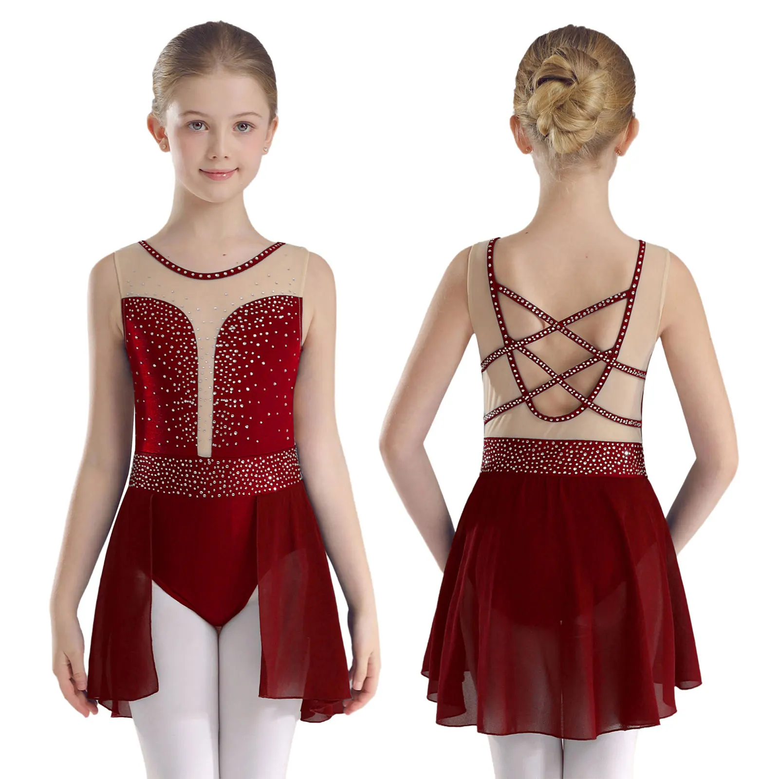 

Figure Ice Skating Dress Kids Girls Sleeveless Rhinestone Ballet Tutu Dance Dresses Gymnastics Leotards Performance Costume