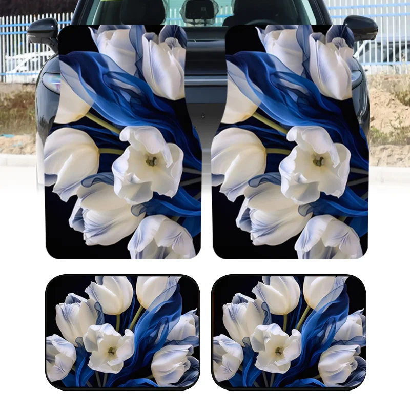 2pcs/4pcs Blue And White Tulip Art Theme Car Floor Mats, Universal Car Interior Mats, Durable Polyester Fiber, Mother'S Day Gift