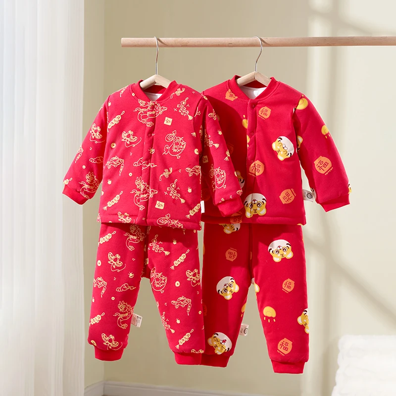 

OUYUN Baby Padded Thermal Underwear Set, Cotton Two Piece Outfit, High Waist Belly Protection, Autumn Winter Warm Unisex