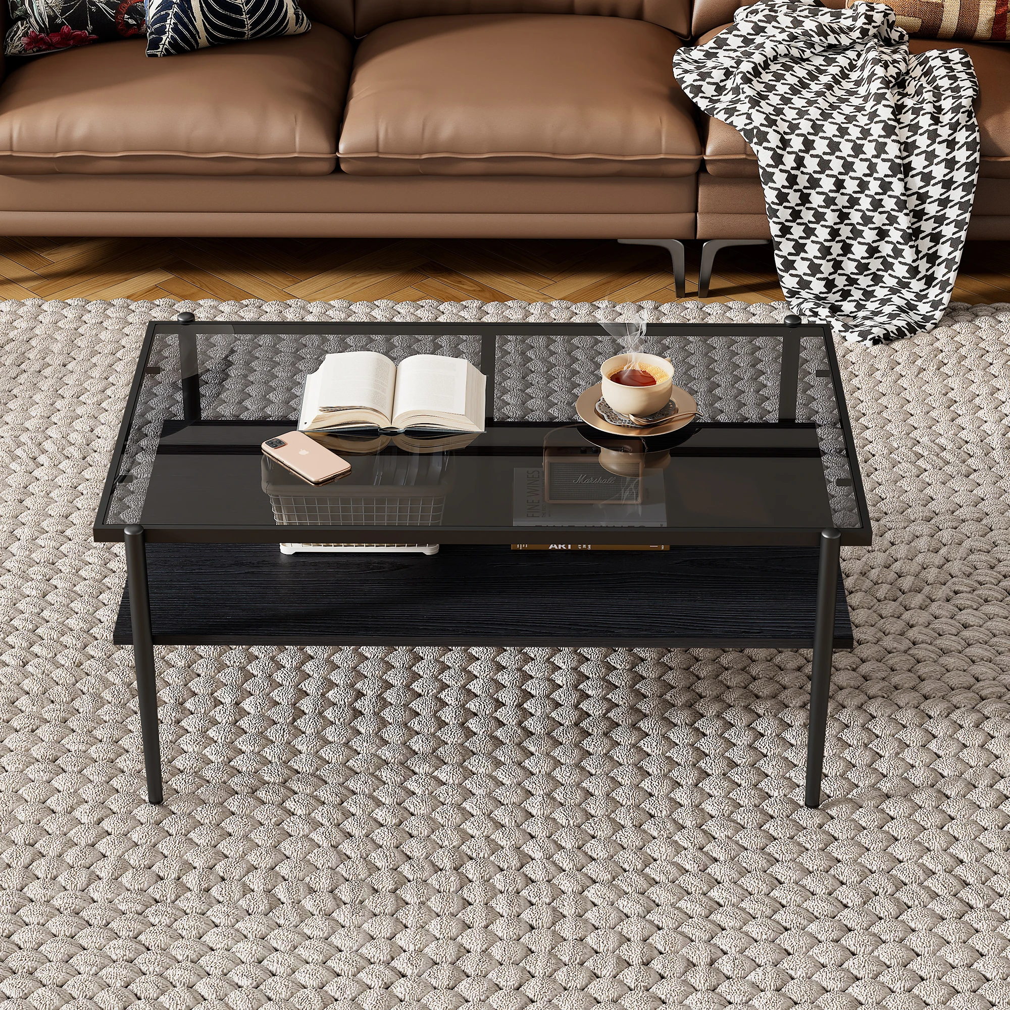 Rectangle Coffee Table with Gray Tempered Glass Top & Black Metal Legs, Modern for Living Room