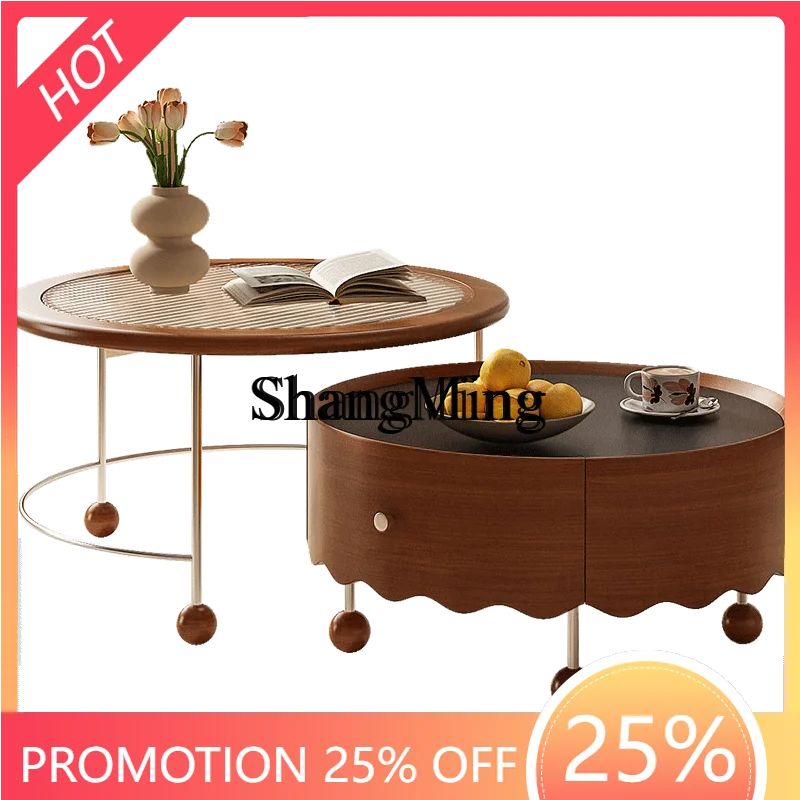 

ZYY Exquisite Premium Retro Solid Wood Double-layer Rock Slab Coffee Table Small Apartment Living Room Retractable Tea Table