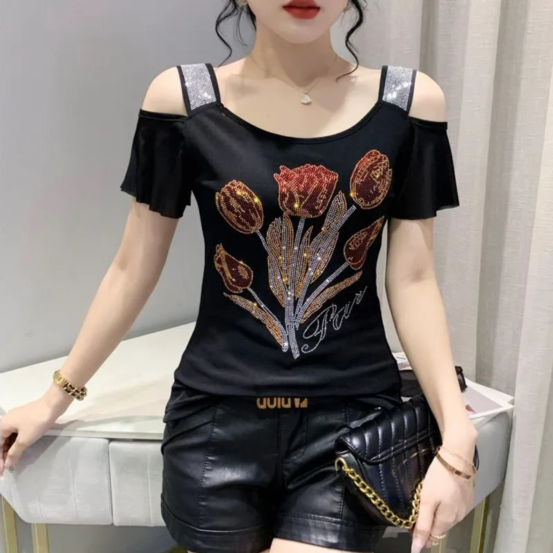 #8110 Black Blue Off Shoulder T Shirt Women Diamonds Flower Sexy Short T Shirt Female Short Sleeve Womens Tee Shirts Summer Top