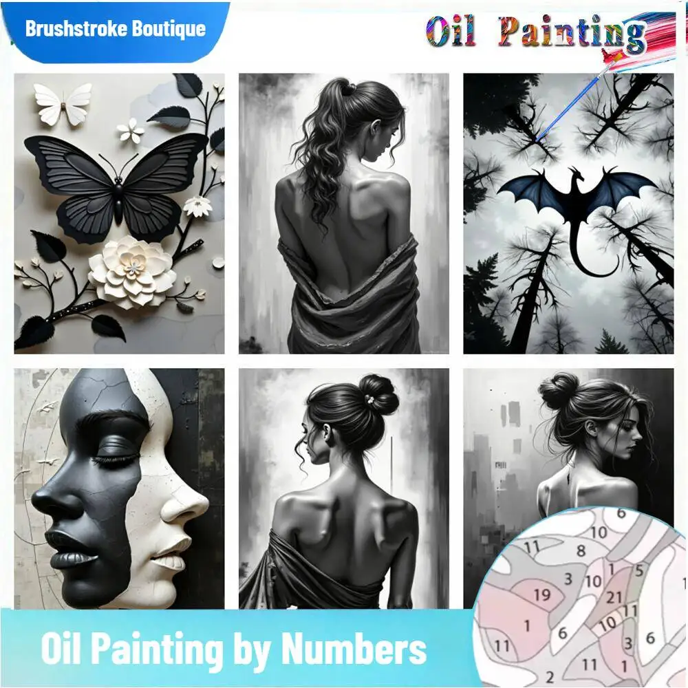 

Brushstroke Acrylic Oil Painting By Numbers Black White Portrait Drawing On Canvas Art Handpainted Butterfly Woman Wall