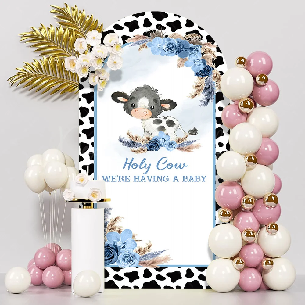 Holy Cow Baby Shower Backdrop for Boy We Are Having a Baby Cow Skin Print Boho Floral Pampas Gold Glitter Photography Background