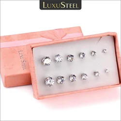 LUXUSTEEL Round/Square Cubic Zirconia Earring Set Colorful BirthStone Push Back Stud Earrings 2022 Bijoux Pendientes 6Pair/Box