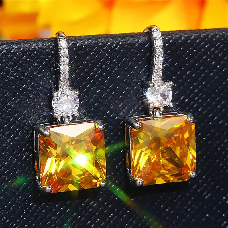 925 فضة أصفر مكعب زركونيا استرخى أقراط النساء حفل زفاف اكسسوارات الزفاف الاتجاه المجوهرات