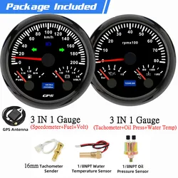 Custom 2 Gauges Set With Sensors Kit 85mm 3 IN 1 Gauge 120kmh 200km/H GPS Speedometer+Fuel+Volt RPM Water Temp Oil Press Meter