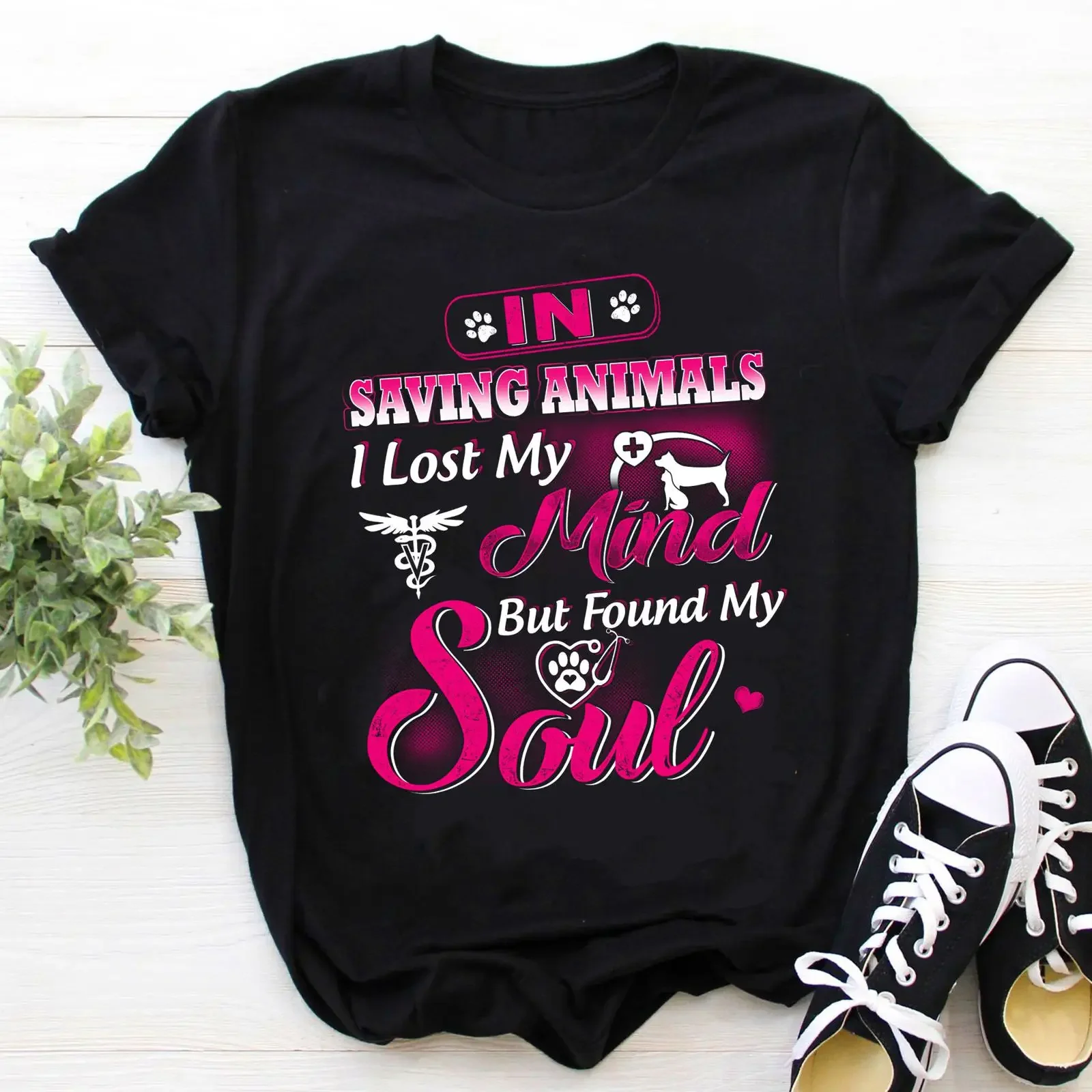 Vet Tech T Shirt In Saving Animals I Lost My Mind But Found Soul Veterinarian Technician Funny Animal Rescue  vintage Washed