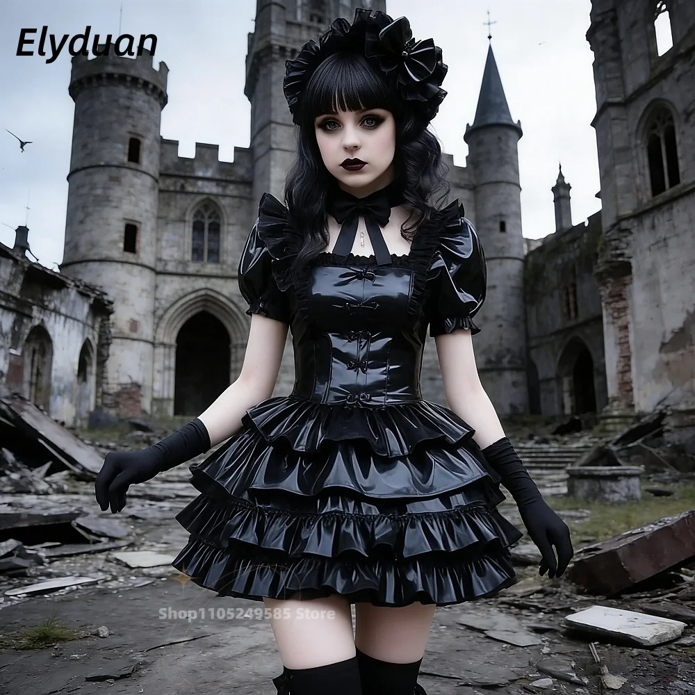 

Gothic Black PVC Short Prom Dress Tiered Skirt Puff Sleeves Mini Cocktail Party Evening Gowns Customized Cosplay Costume