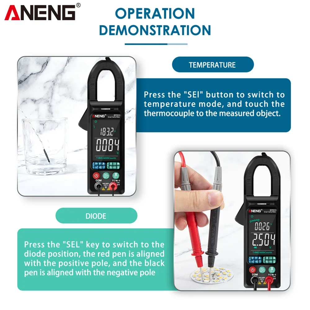 Imagem -05 - Aneng St211 Alicate Amperimetro Multimetro Digital Profesional Braçadeira Metros Voltimetro Ferramentas Medidores de Tensão Multímetros Multimeter Clamp Meter Megometro Frequencimetro Corrente Russa Capacimetro