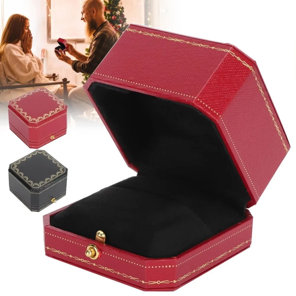 Elegant Leather Ring Box Ring Display Retro Pattern Jewelry Box Ring Holder Case Gift