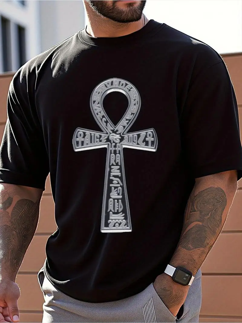 Men's Egyptian Ankh Symbol T-Shirt - 100% Cotton Relaxed Short Sleeve Tee With Hieroglyphic Print, Casual Shirt For Daily Wear