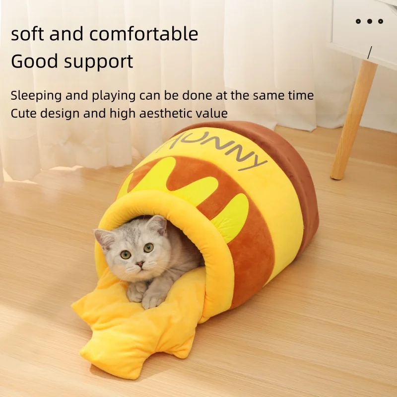 Honey jar cat bed, warm, soft, and comfortable for autumn and winter, removable and washable, with thick padding inside