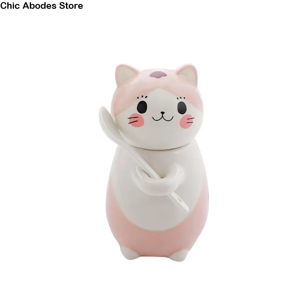 

Home Decor With Spoon Cat Coffee Mug Ceramic Cartoon Milk Tea Cups Exquisite Capped Mug Coffee Pots Girl