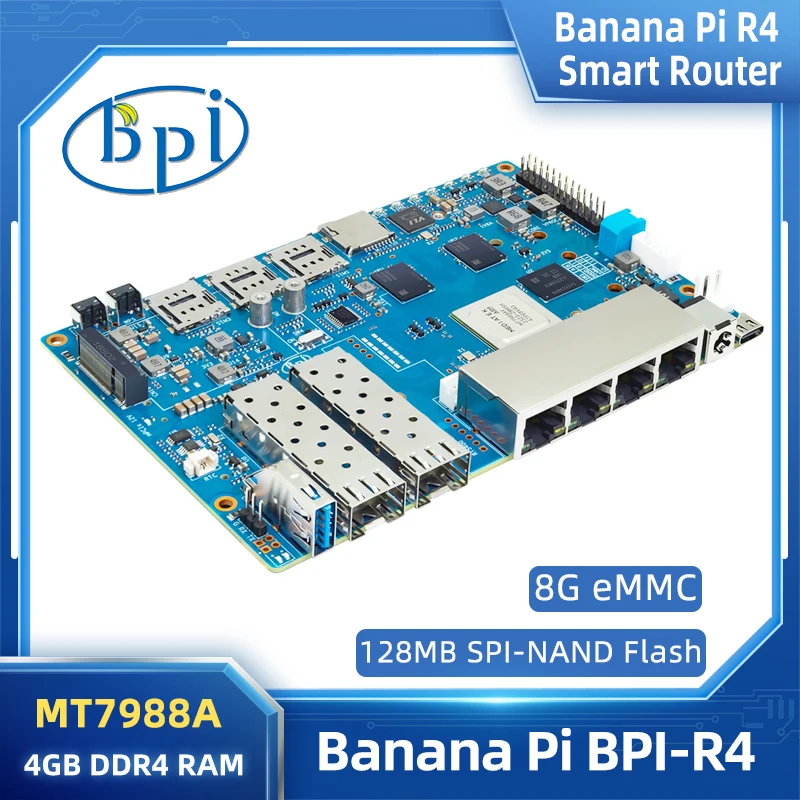 Banana Pi BPI-R4 MediaTek MT7988A (Filogic 880) Quad-core Arm Corex-A73 4GB DDR4 8G eMMC 128MB SPI NAND Flash Smart Router Board 