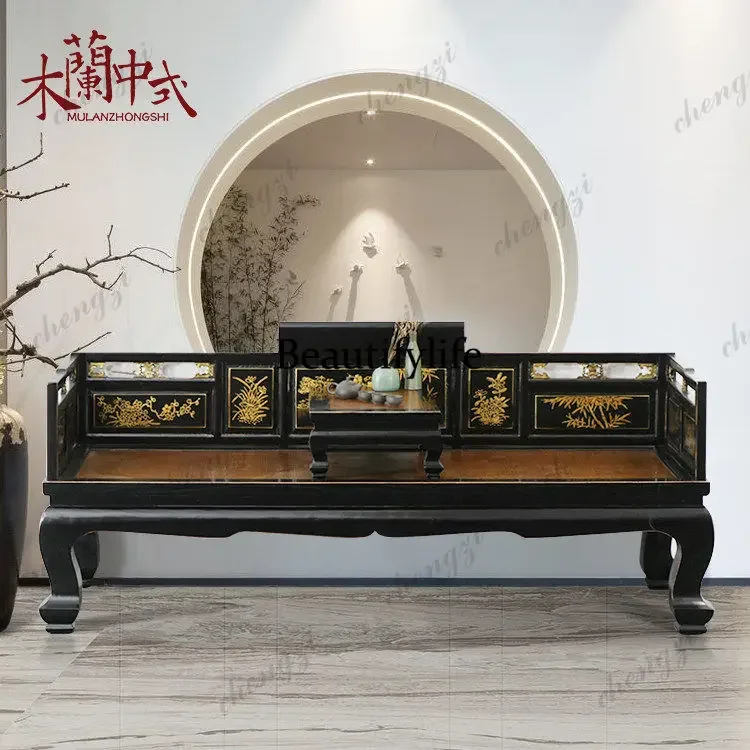 D178 New Chinese Arhat bed classical concubine couch black lacquer classical gold-painted carved rattan couch double chair solid