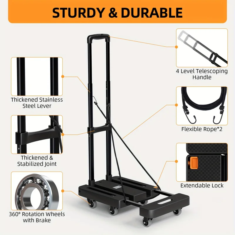 Folding Hand Truck, 500 LB Heavy Duty Luggage Cart, Utility Dolly Platform Cart With 6 Wheels & 2 Elastic Ropes For Luggage