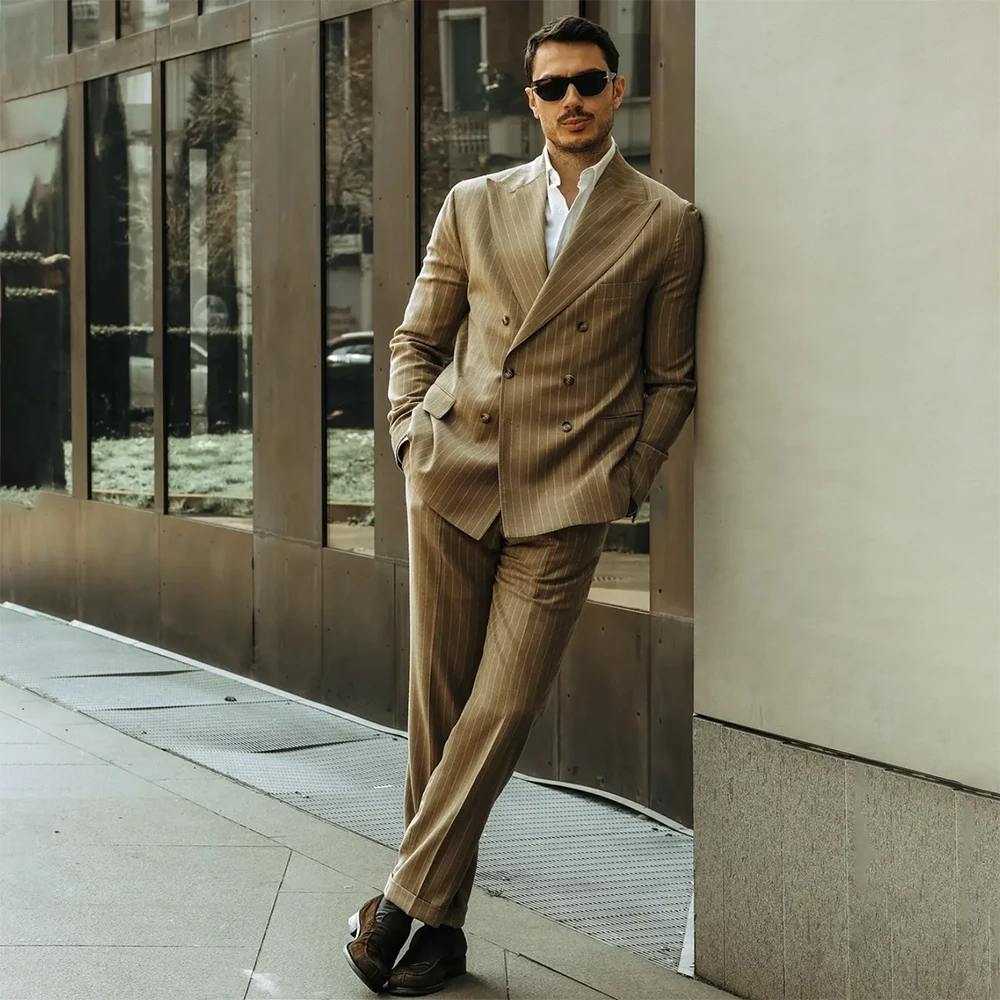 

Gentlemen Men's Suits High Quality Italian Double Breasted Peak Lapel Regular Fit 2 Piece Jacket Pants Sets Customized Blazer